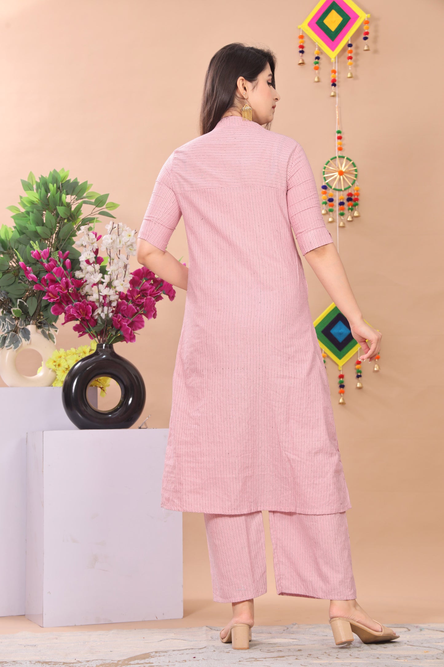 Light Pink Katha Cotton Kurta Pant Set
