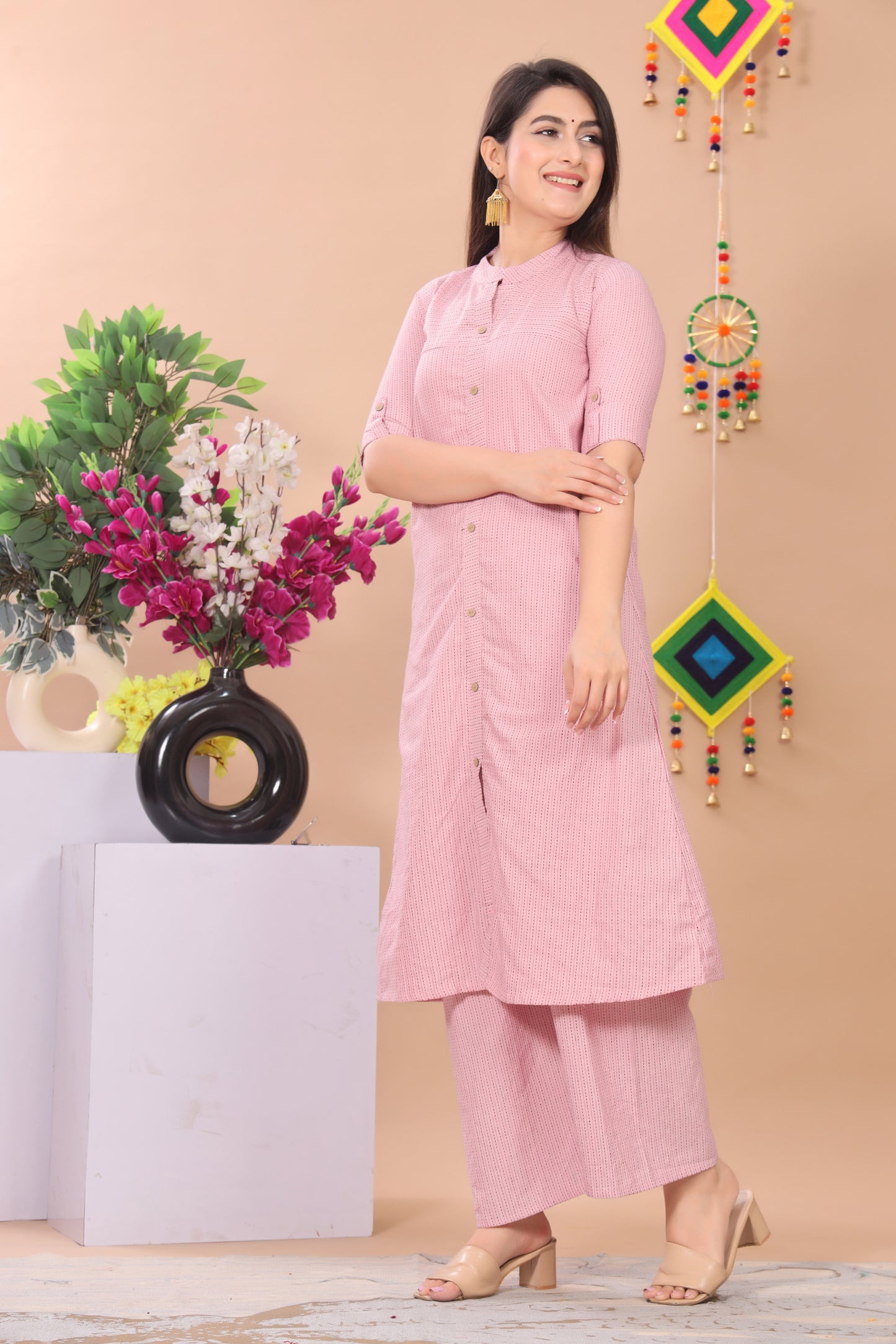 Light Pink Katha Cotton Kurta Pant Set