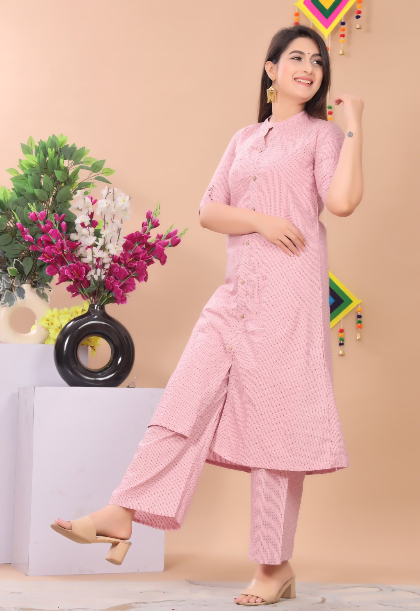 Light Pink Katha Cotton Kurta Pant Set