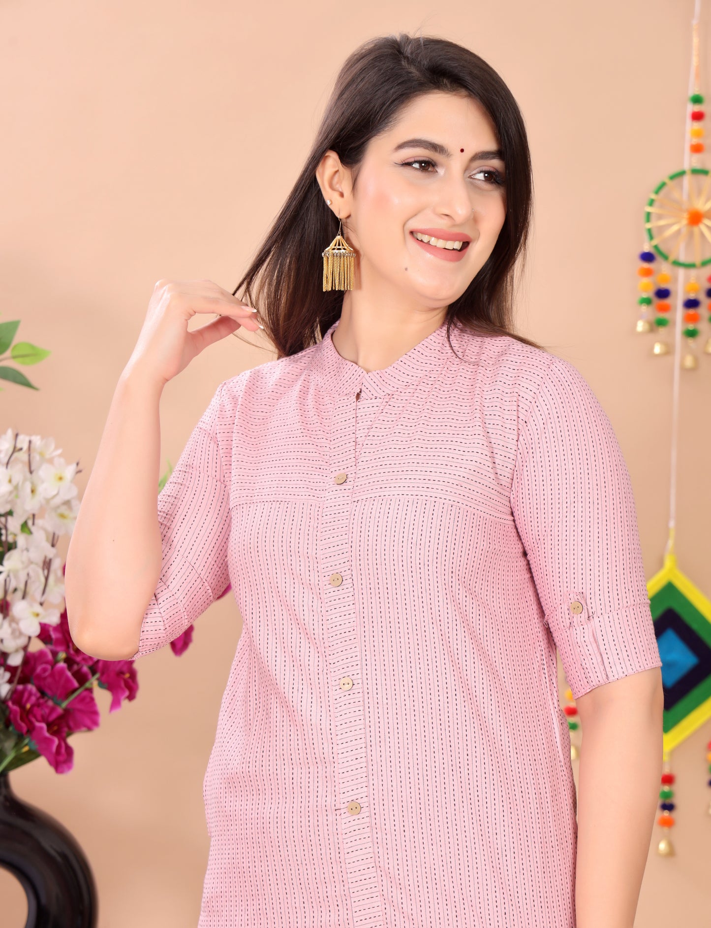 Light Pink Katha Cotton Kurta Pant Set