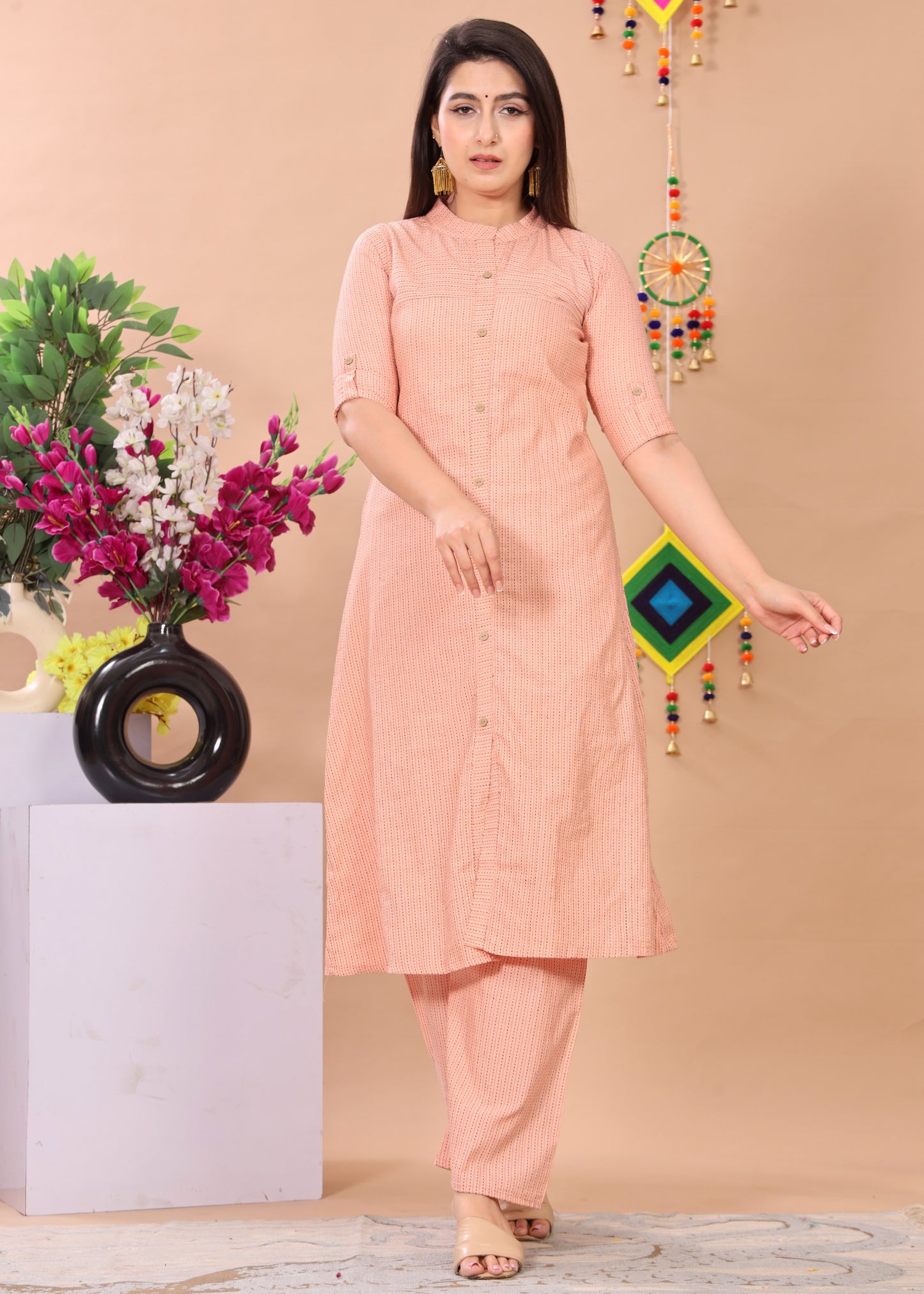 Orange Katha Cotton Kurta Set