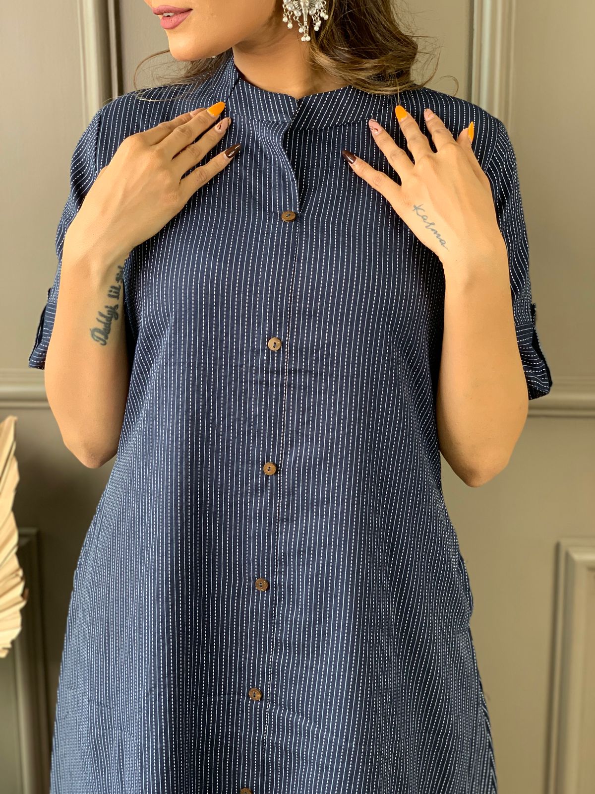 Mist Blue Katha Cotton Kurta and Palazzo Set