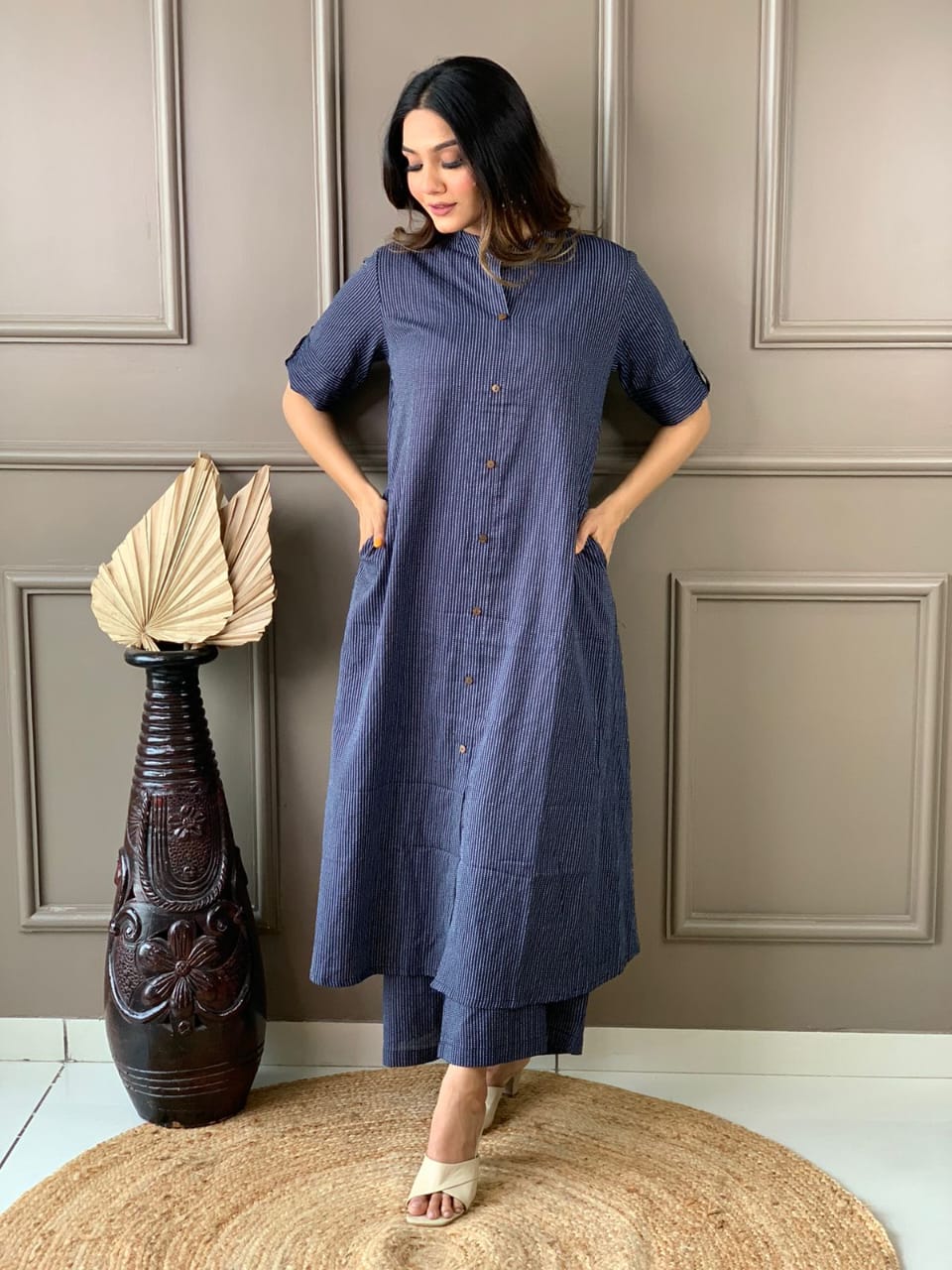 Mist Blue Katha Cotton Kurta and Palazzo Set