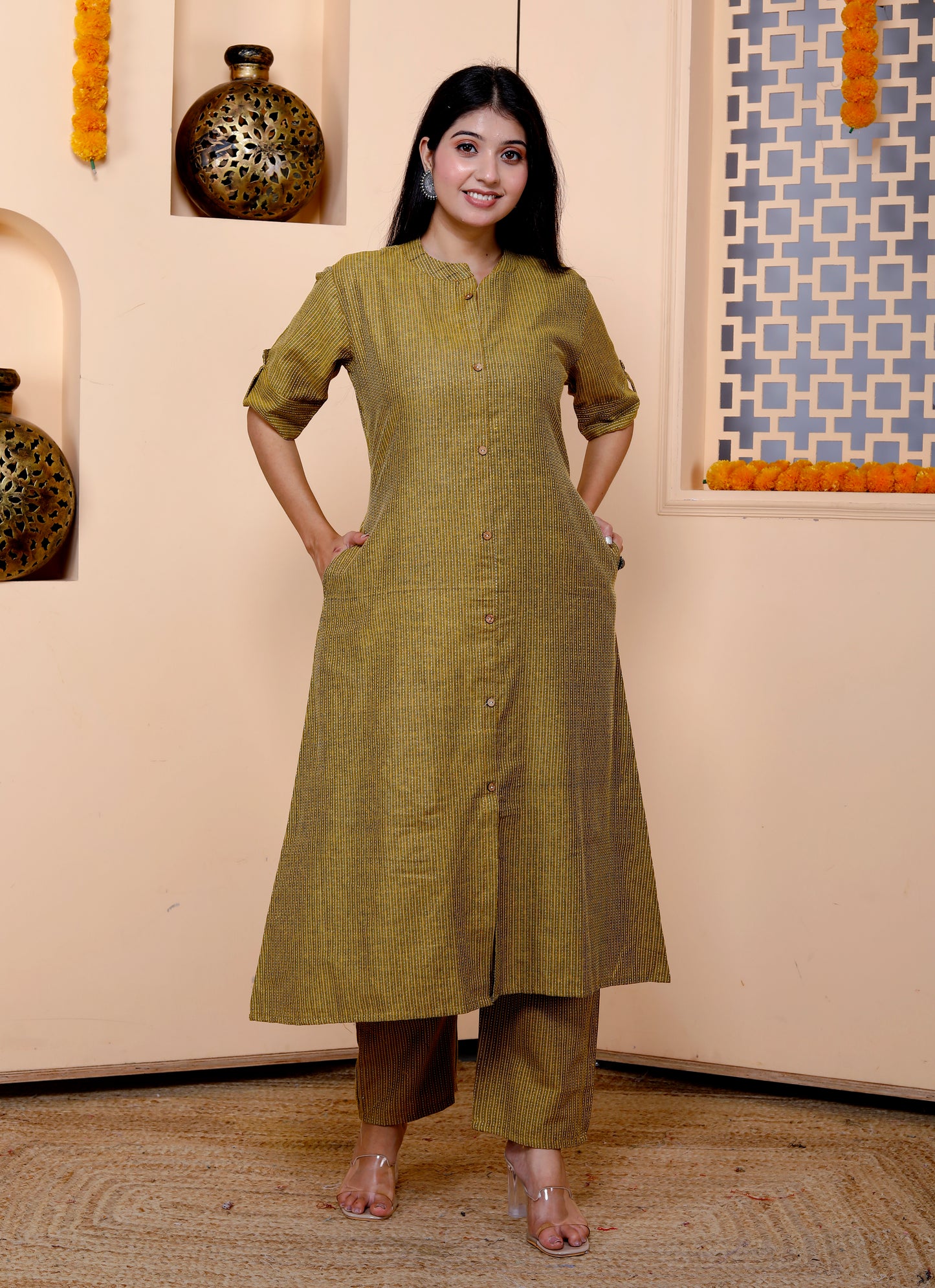 Mehendi Green Katha Cotton Ethnic Kurta and Pant Set For Women