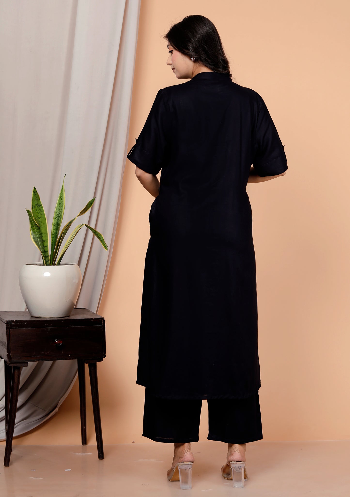 Navy Blue Plain Kurta Palazzo Set