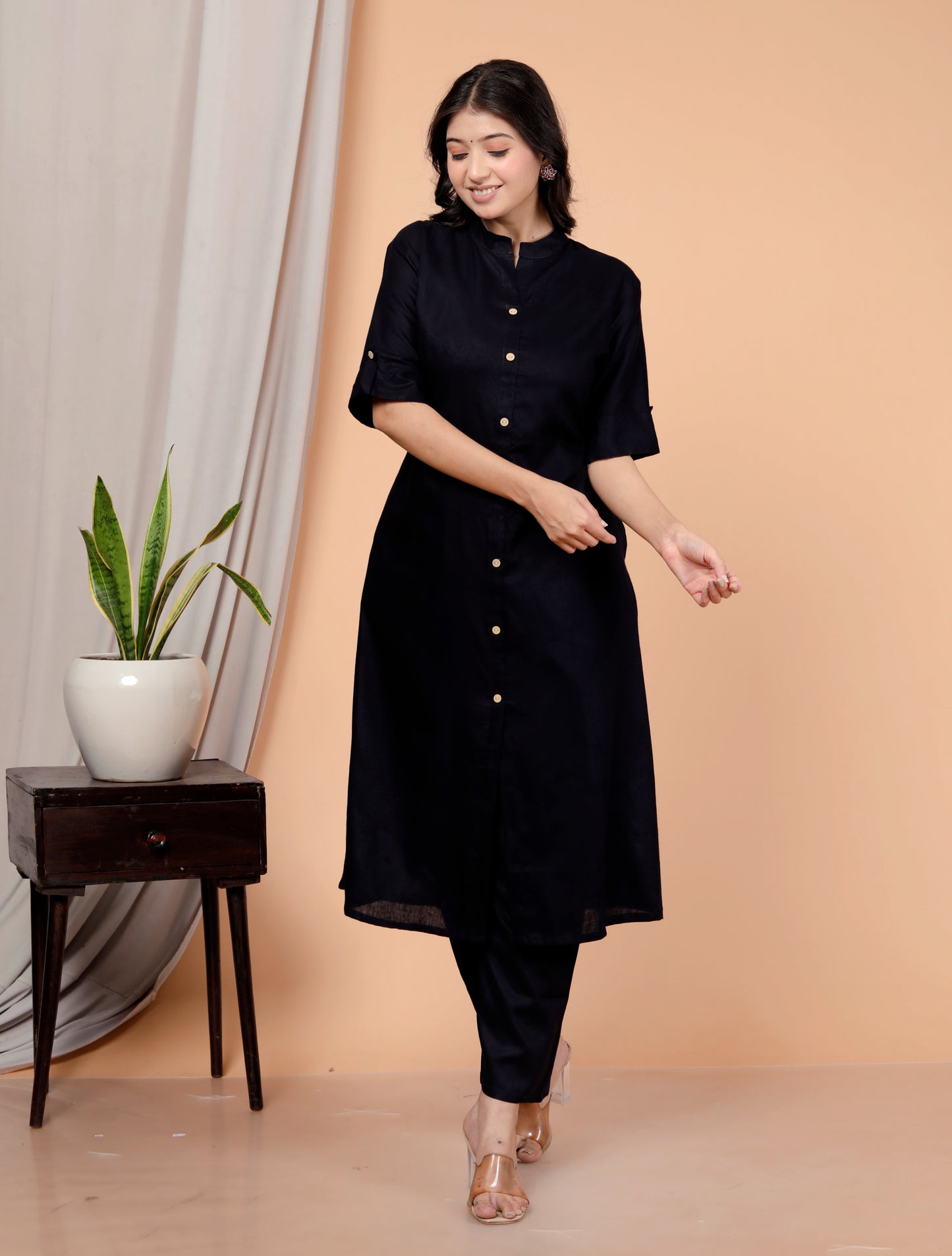Navy Blue Plain Kurta Palazzo Set