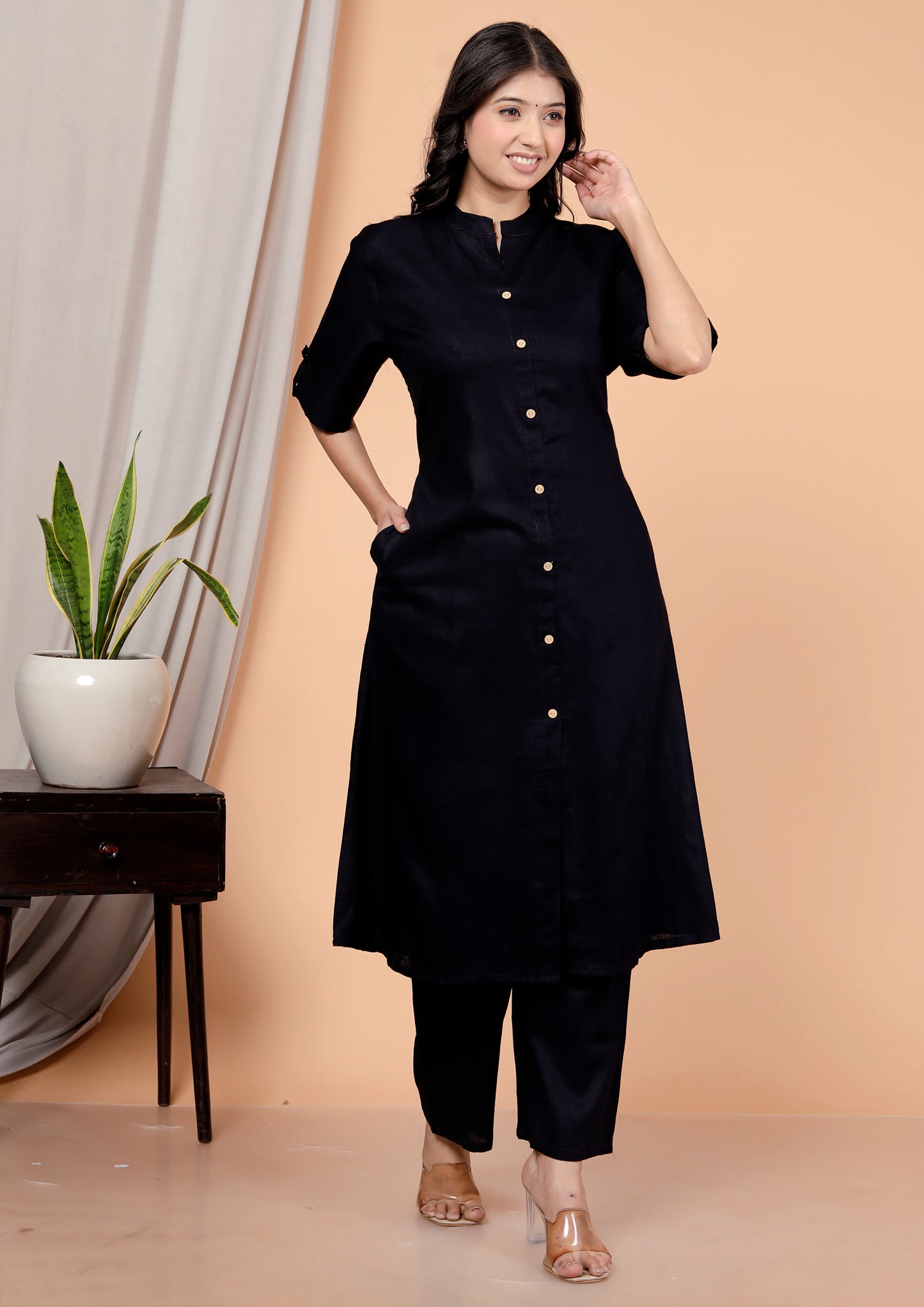 Navy Blue Plain Kurta Palazzo Set