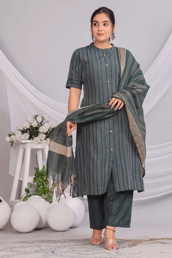 Green Khadi Cotton Kurta and Pant Set with Dupatta