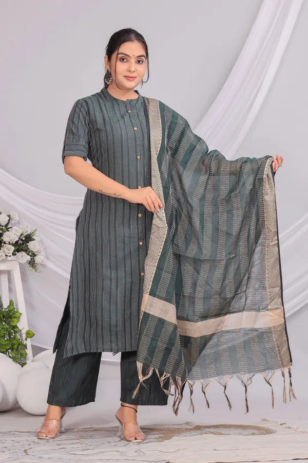 Green Khadi Cotton Kurta and Pant Set with Dupatta