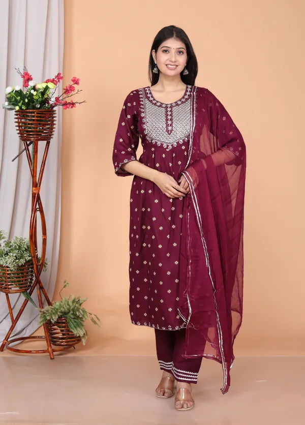 Rayon Embroidery Kurta Pant Dupatta Set for women