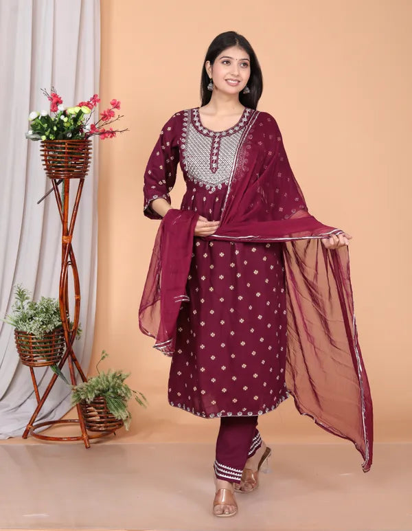 Rayon Embroidery Kurta Pant Dupatta Set for women