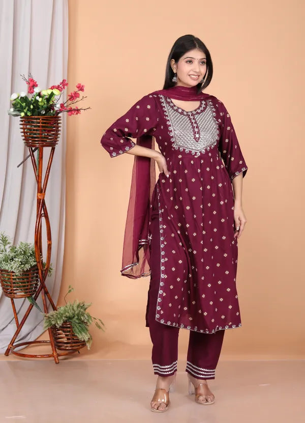 Rayon Embroidery Kurta Pant Dupatta Set for women