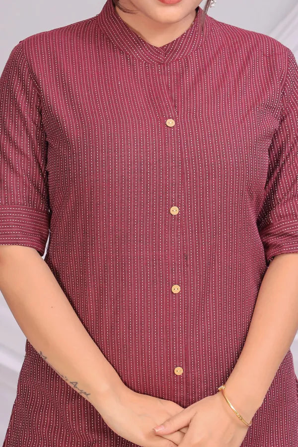 Maroon Katha Cotton Ethnic Kurta and Pant Set For Women