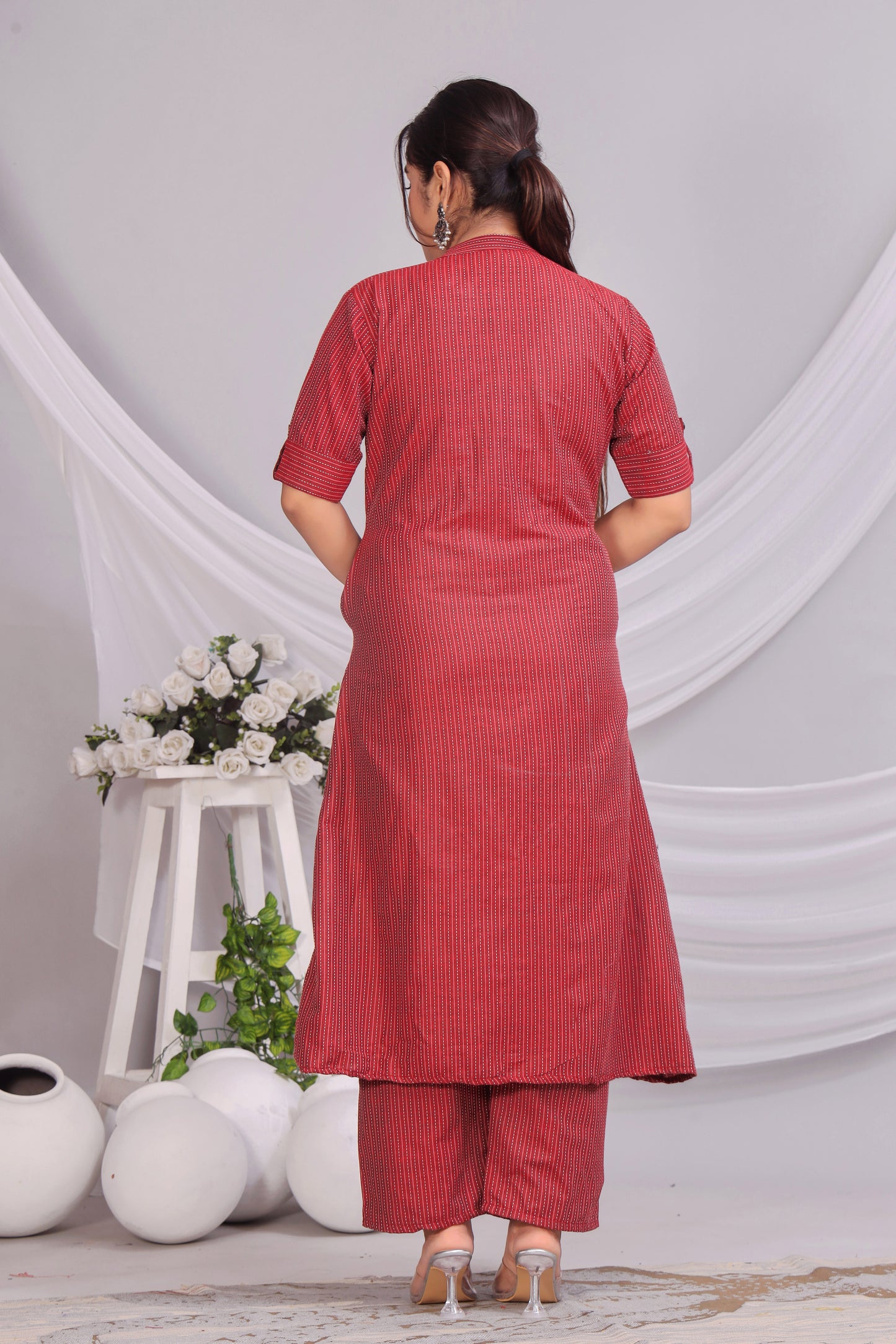 Red Katha Cotton Kurta Palazzo Set