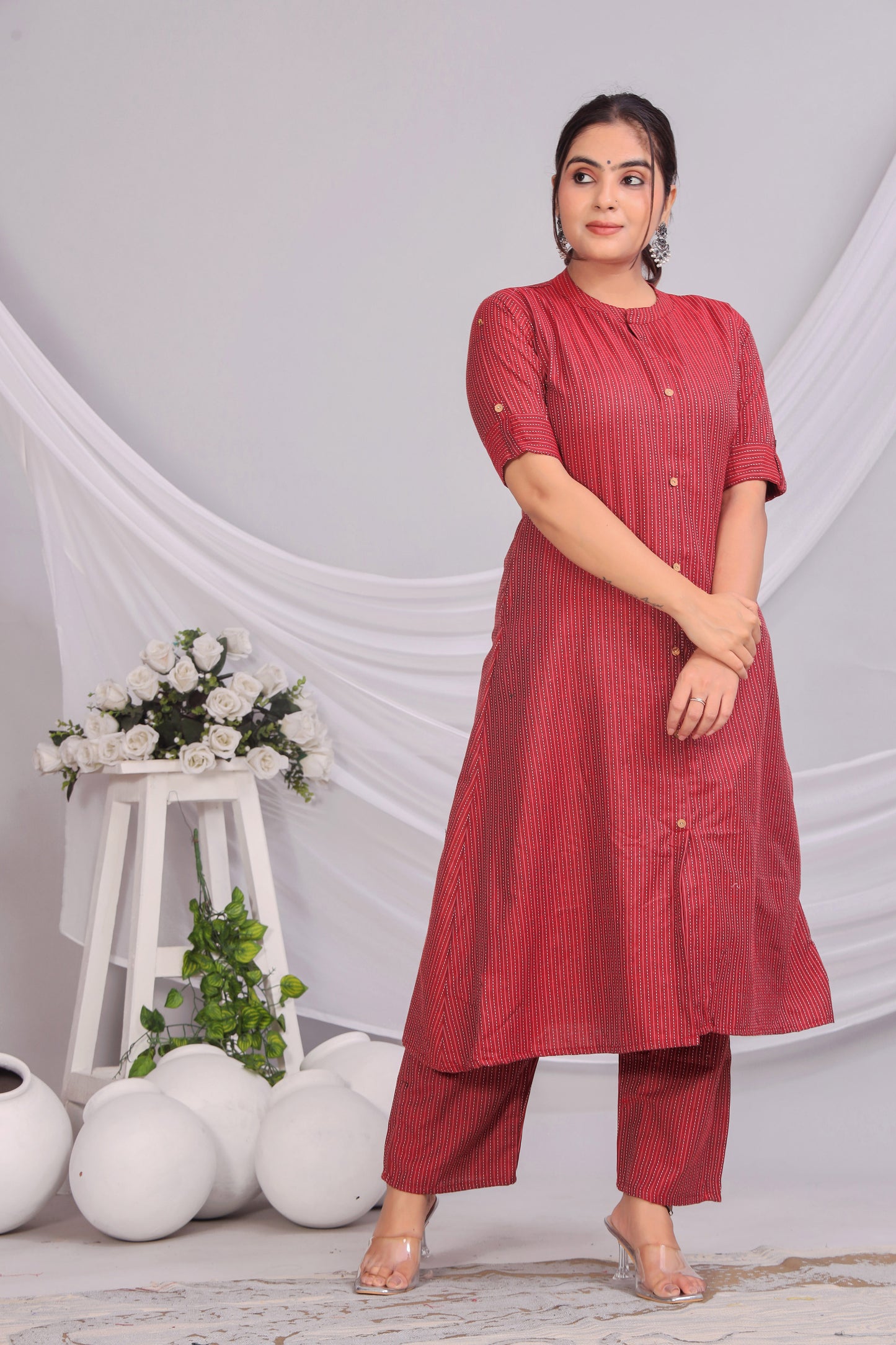 Red Katha Cotton Kurta Palazzo Set
