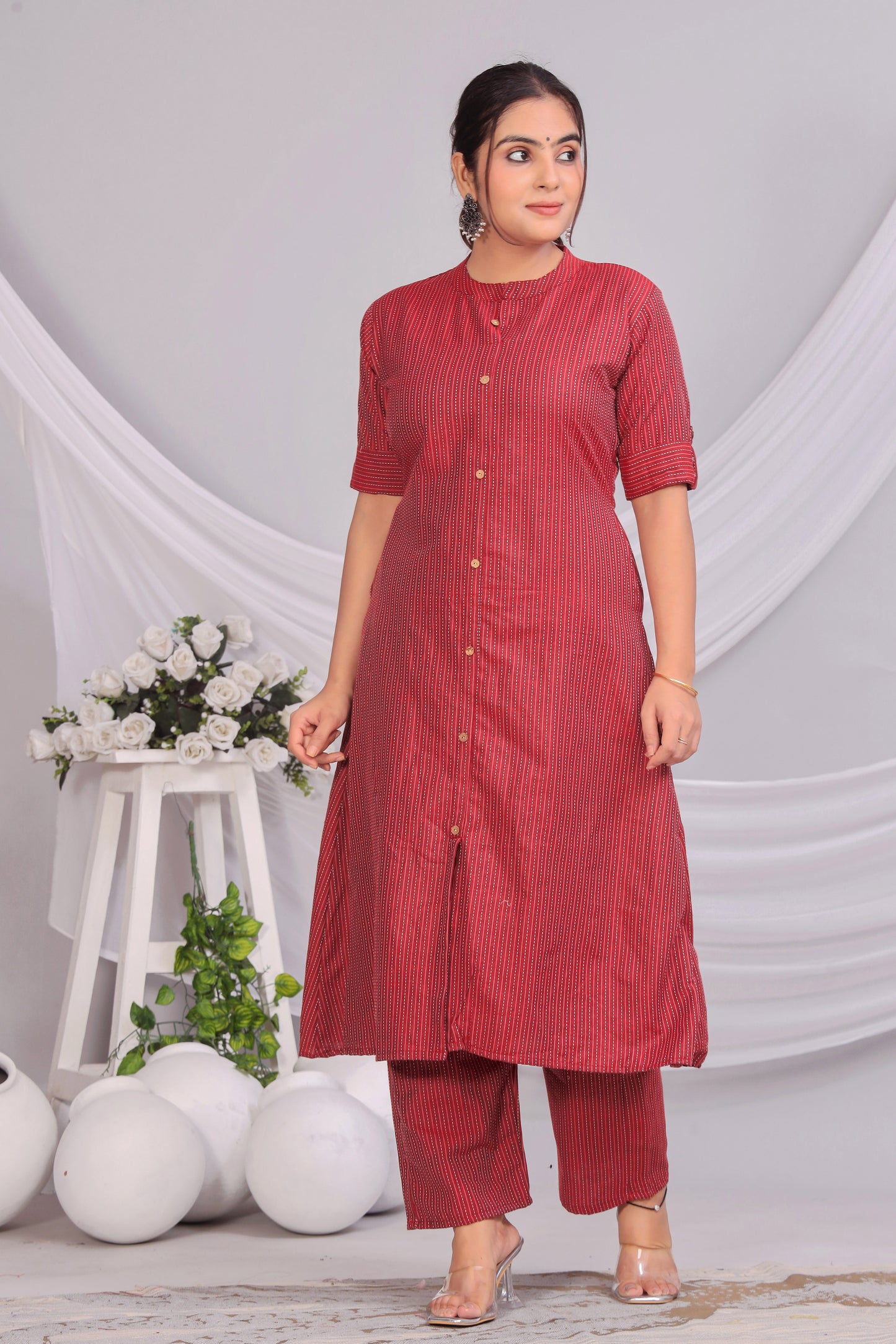 Red Katha Cotton Kurta Palazzo Set