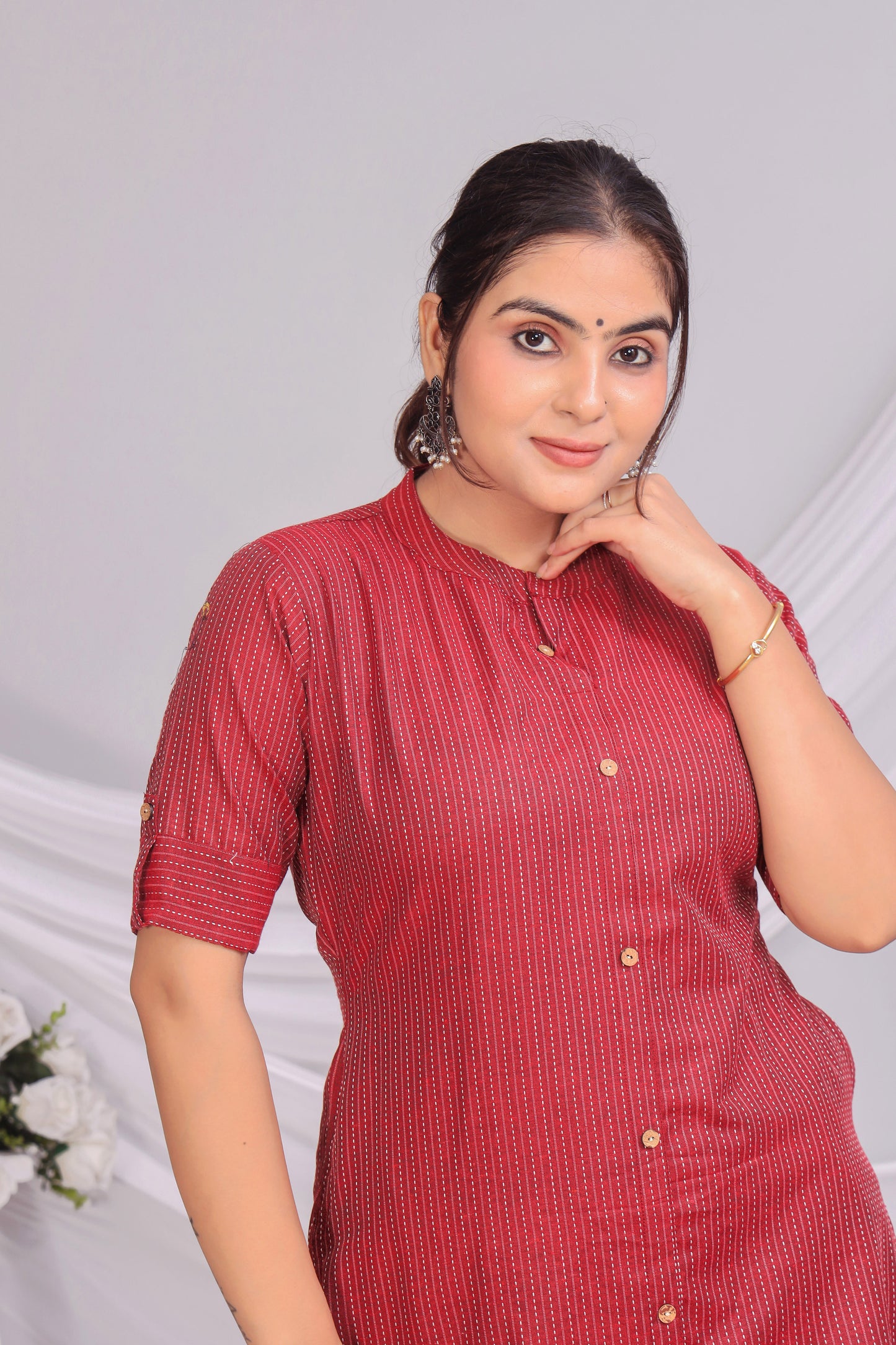 Red Katha Cotton Kurta Palazzo Set