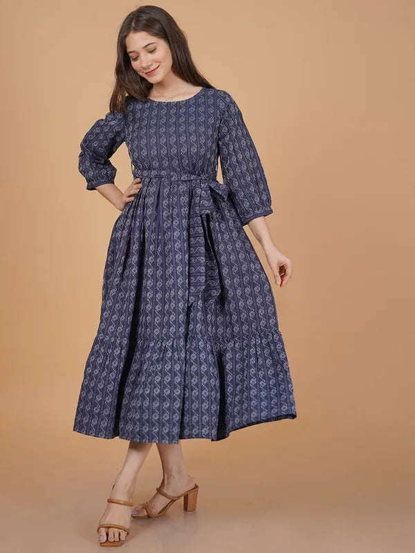 Blue Khadi Cotton Dress For Women