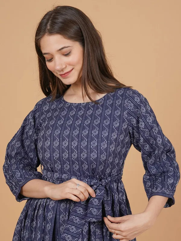Blue Khadi Cotton Dress For Women
