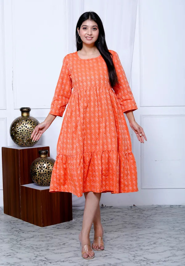 Orange Khadi Cotton Dress For Women