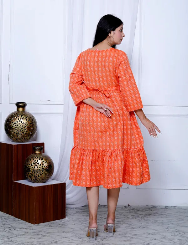 Orange Khadi Cotton Dress For Women