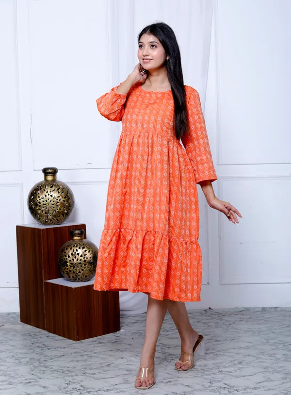 Orange Khadi Cotton Dress For Women