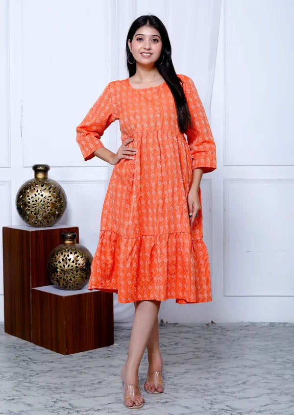 Orange Khadi Cotton Dress For Women