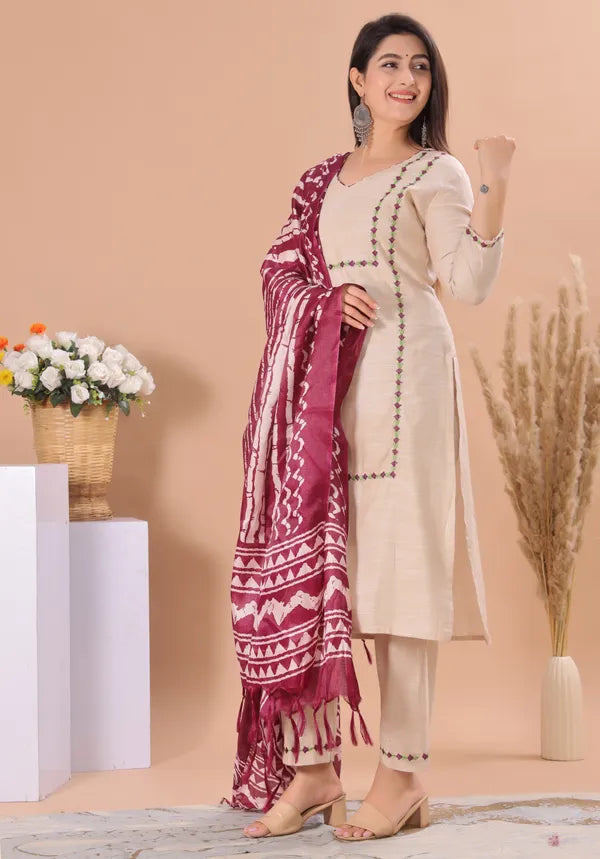 Beige Handloom Cotton Salwar Kurta Dupatta For Women
