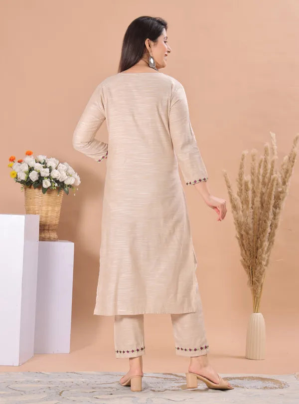 Beige Handloom Cotton Salwar Kurta Dupatta For Women