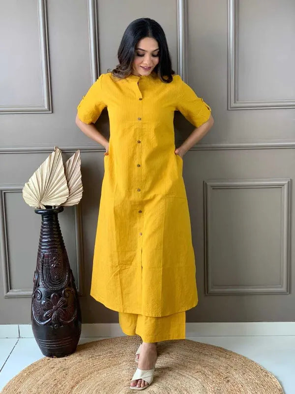 Yellow Khadi Cotton Ethnic Kurta Palazzo Set
