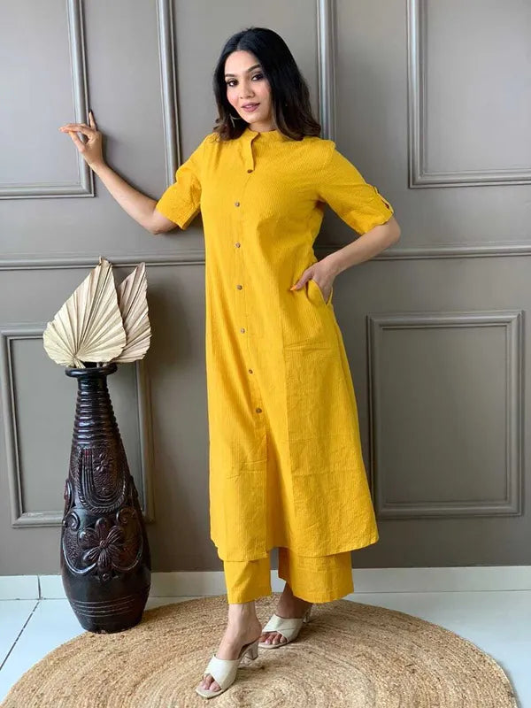 Yellow Khadi Cotton Ethnic Kurta Palazzo Set