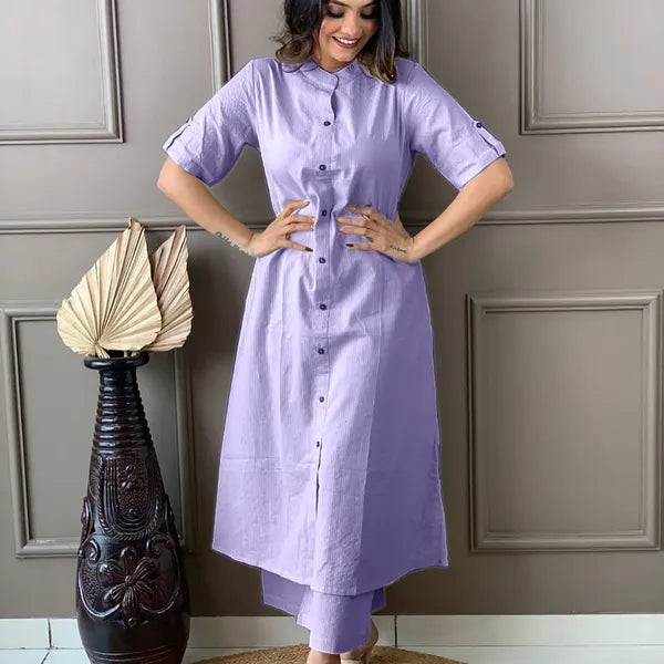 Levender Khadi Cotton Ethnic Kurta-and Pant Set For Women