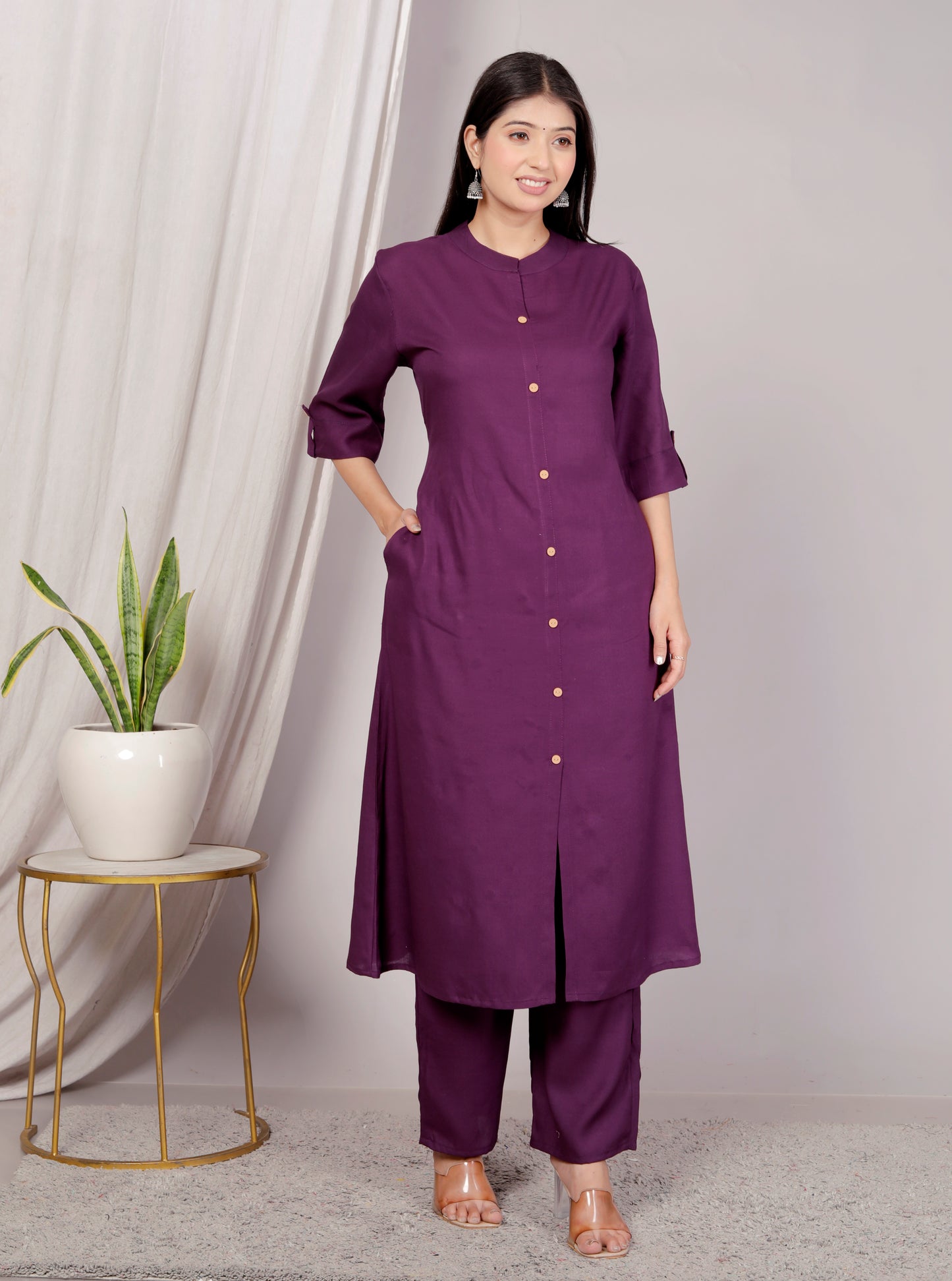 Wine Plain Kurta Palazzo Set
