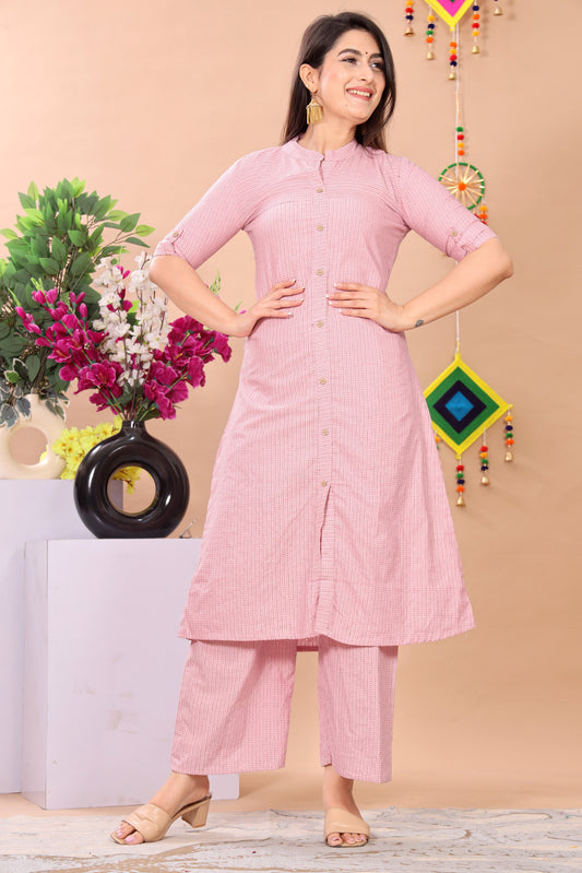 Light Pink Katha Cotton Kurta Pant Set