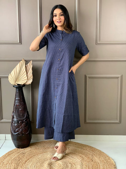 Mist Blue Katha Cotton Kurta and Palazzo Set