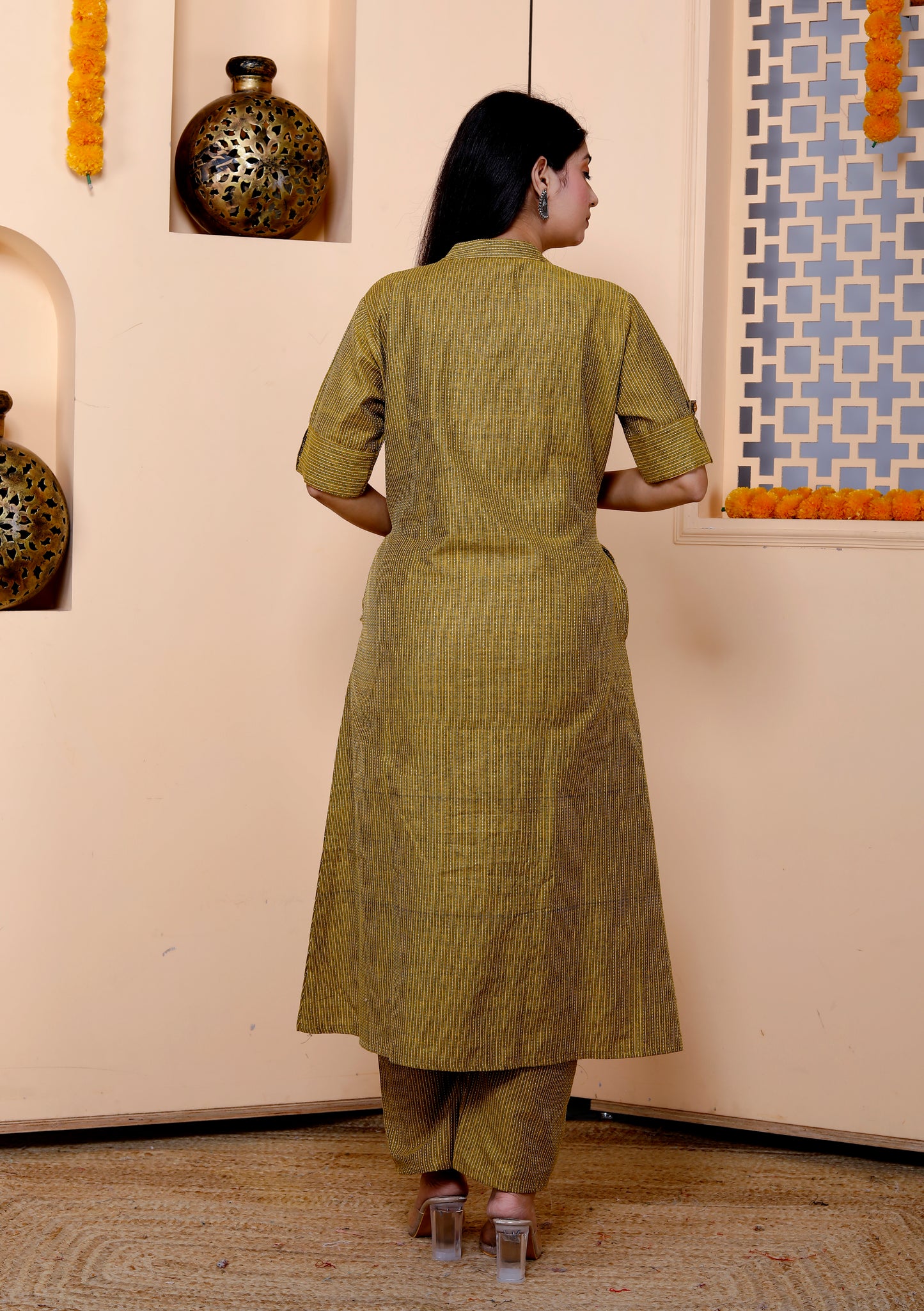 Mehendi Green Katha Cotton Ethnic Kurta and Pant Set For Women