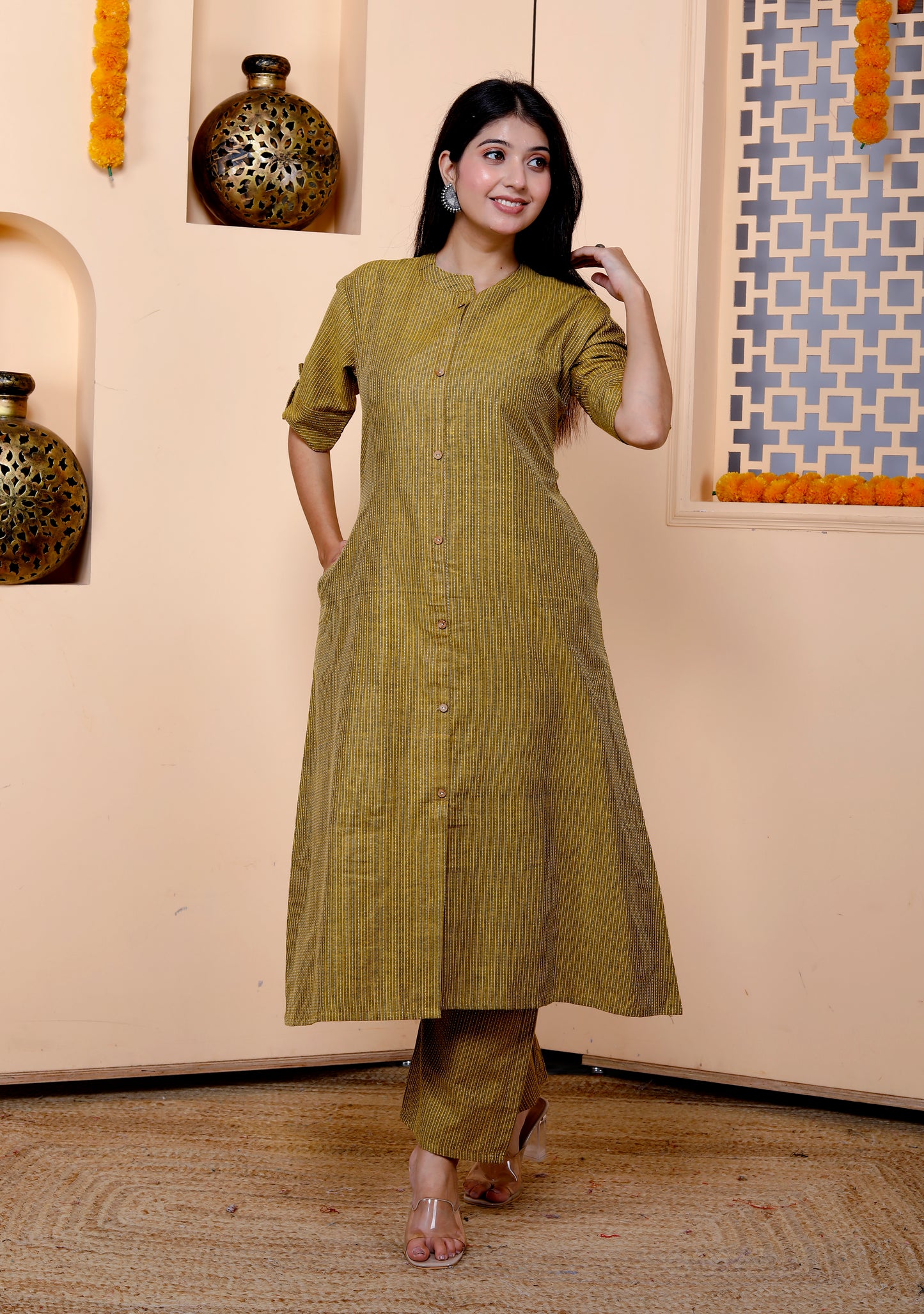 Mehendi Green Katha Cotton Ethnic Kurta and Pant Set For Women