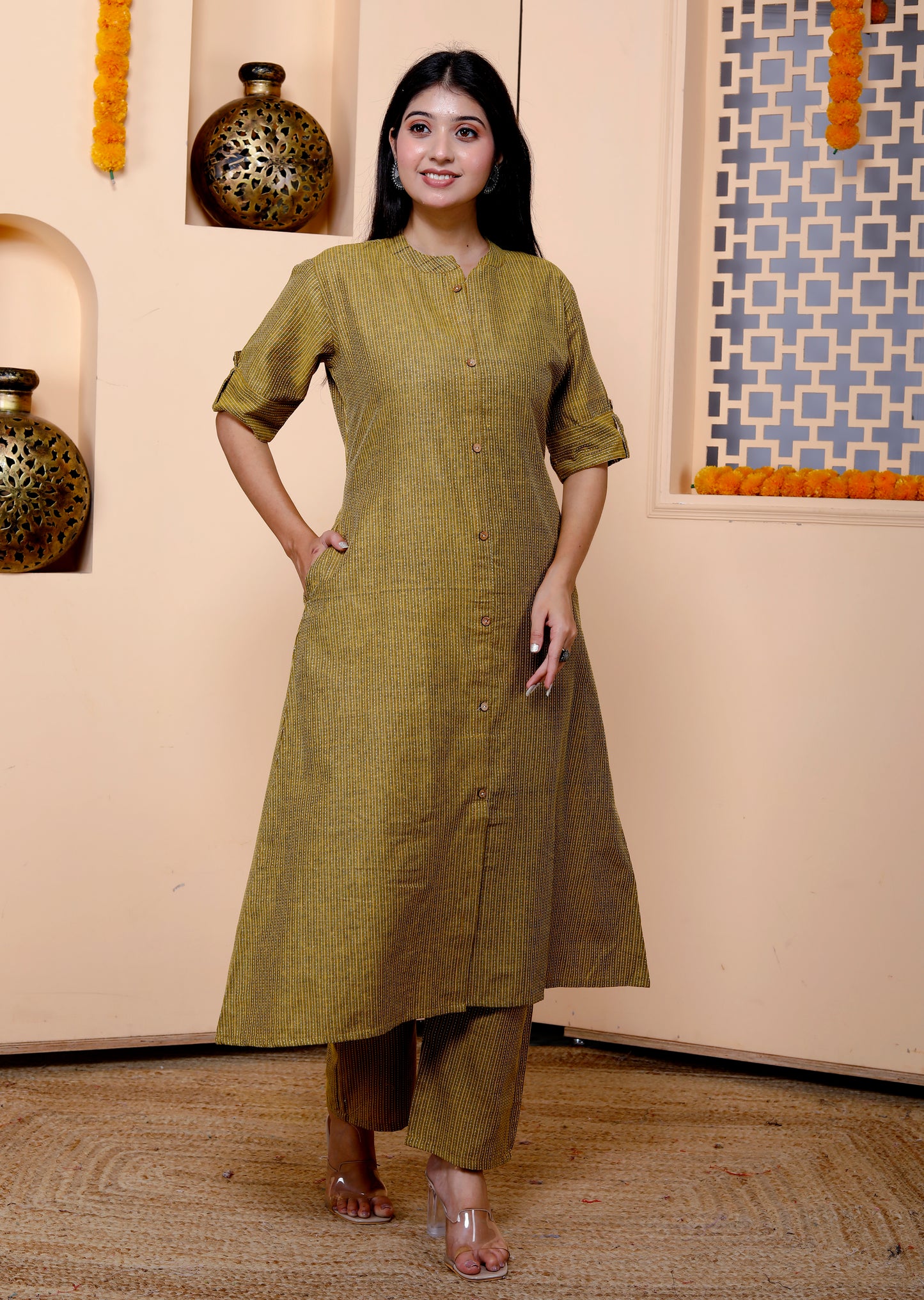 Mehendi Green Katha Cotton Ethnic Kurta and Pant Set For Women