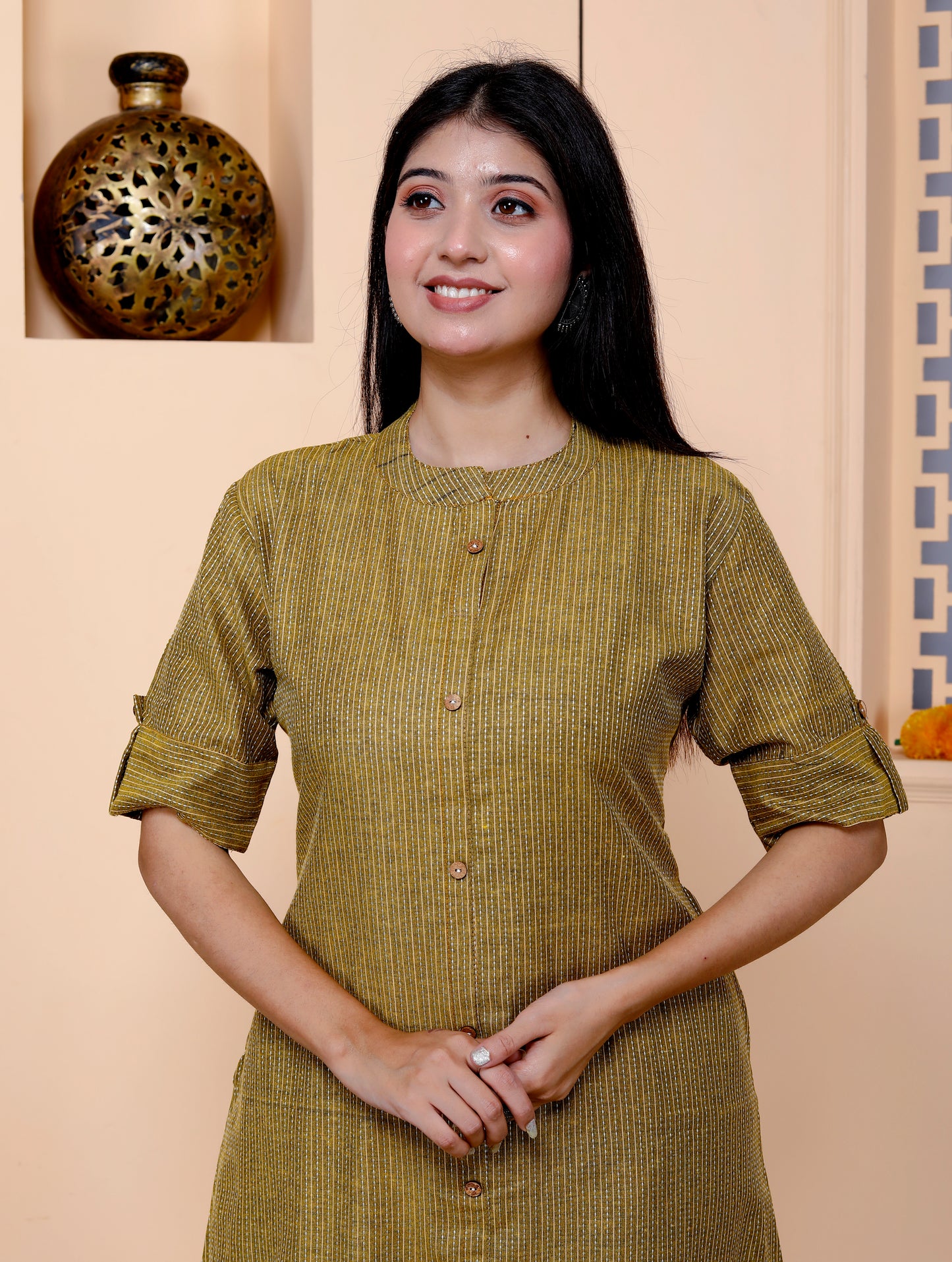 Mehendi Green Katha Cotton Ethnic Kurta and Pant Set For Women