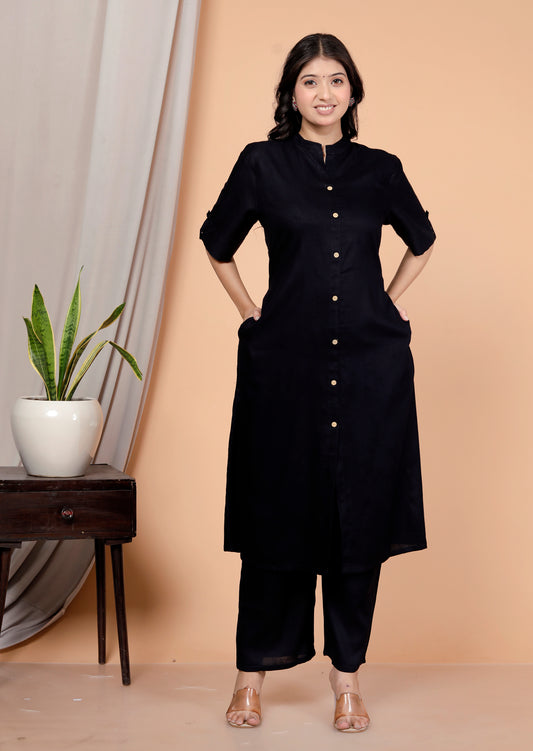 Navy Blue Plain Kurta Palazzo Set