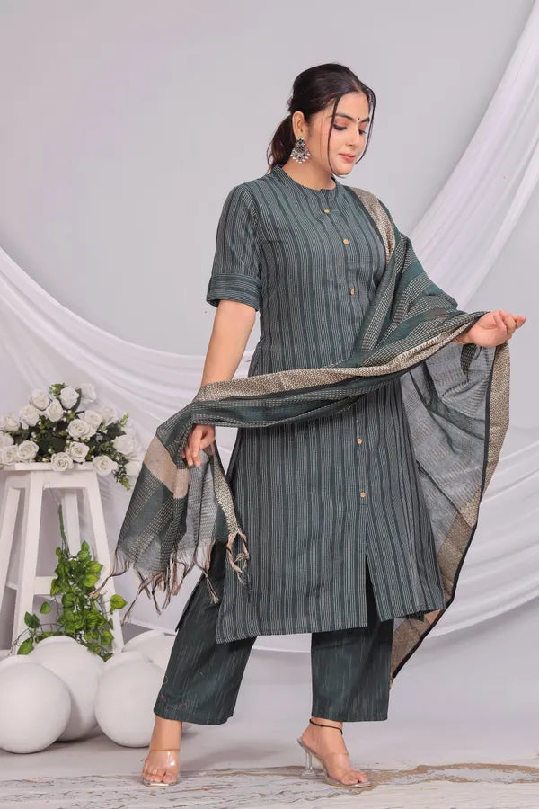 Green Khadi Cotton Kurta and Pant Set with Dupatta