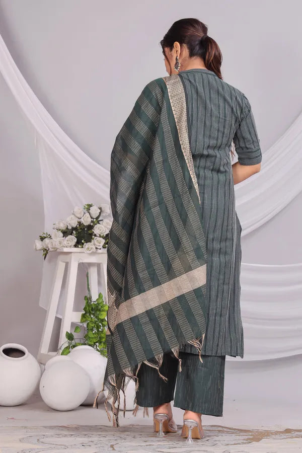 Green Khadi Cotton Kurta and Pant Set with Dupatta