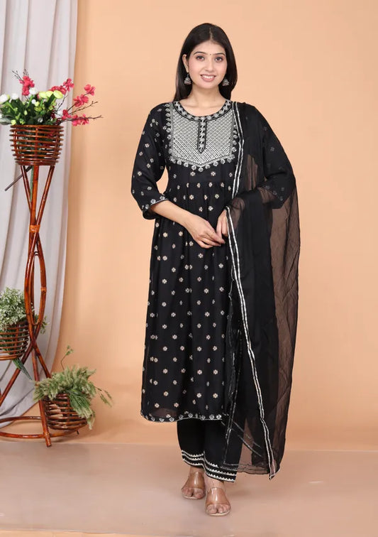 Rayon Embroidery Kurta Pant Dupatta Set for women