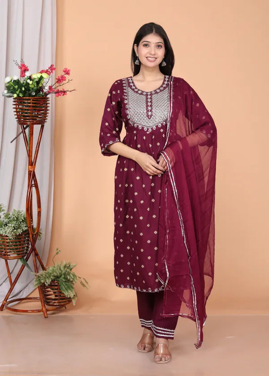 Rayon Embroidery Kurta Pant Dupatta Set for women