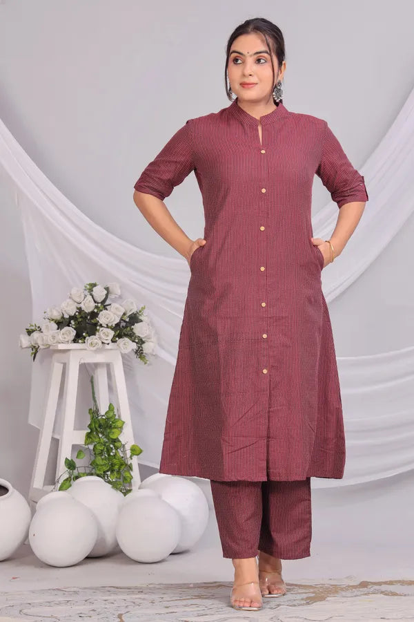 Maroon Katha Cotton Ethnic Kurta and Pant Set For Women