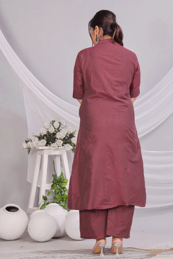 Maroon Katha Cotton Ethnic Kurta and Pant Set For Women
