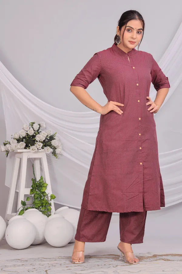 Maroon Katha Cotton Ethnic Kurta and Pant Set For Women