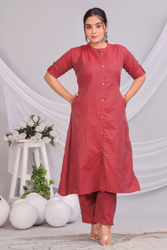 Red Katha Cotton Kurta Palazzo Set