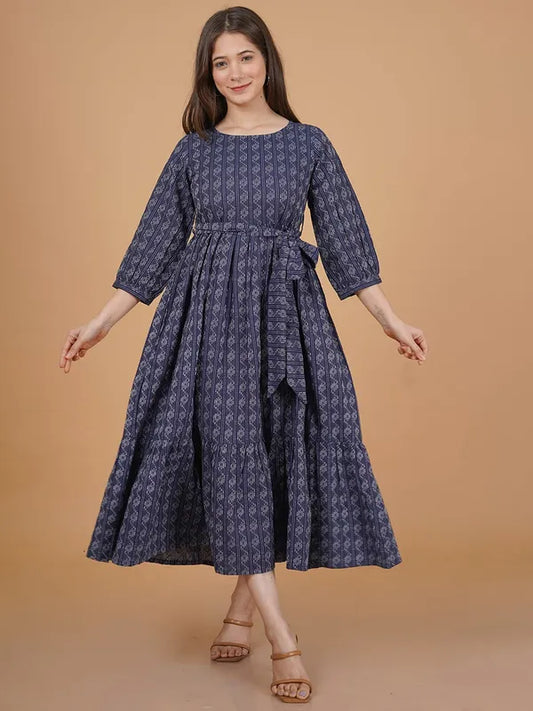 Blue Khadi Cotton Dress For Women