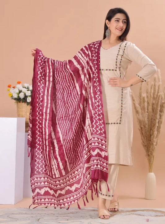Beige Handloom Cotton Salwar Kurta Dupatta For Women